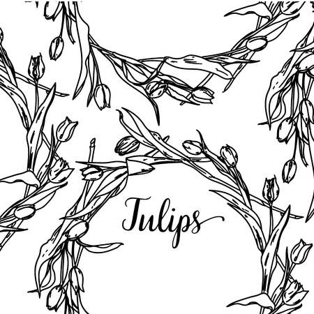 Vintage Greeting Card with Blooming Flowers. Tulips. Thank You with Place for Your Text. Wildflowers, Vector Illustrationのイラスト素材