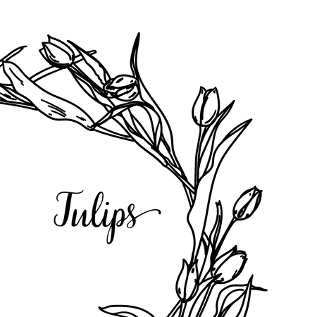 Vintage Greeting Card with Blooming Flowers. Tulips. Thank You with Place for Your Text. Wildflowers, Vector Illustrationのイラスト素材