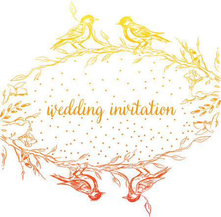 Elegant and cute illustration. Birds sit on each branch. Printing for textile and industrial purposes. And a beautiful romantic frame of flowers and twigs. Vector illustration. Thank You with Place for Your Text. Wildflowers, Vector Illustrationのイラスト素材