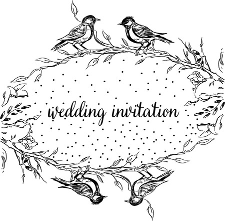 Elegant and cute illustration. Birds sit on each branch. Printing for textile and industrial purposes. And a beautiful romantic frame of flowers and twigs. Vector illustration. Thank You with Place for Your Text. Wildflowers, Vector Illustrationのイラスト素材