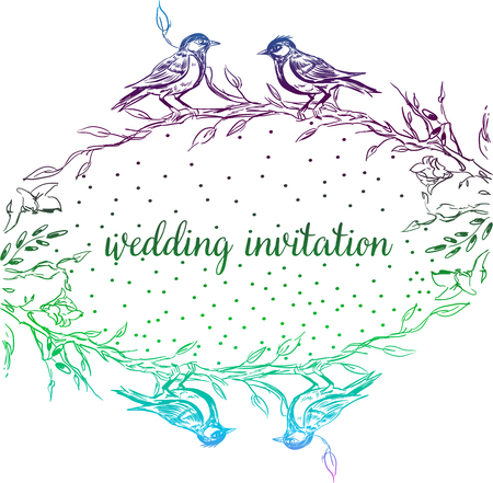 Elegant and cute illustration. Birds sit on each branch. Printing for textile and industrial purposes. And a beautiful romantic frame of flowers and twigs. Vector illustration. Thank You with Place for Your Text. Wildflowers, Vector Illustrationのイラスト素材