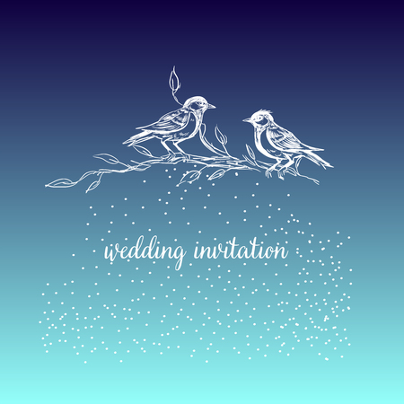 Elegant and cute illustration. Birds sit on each branch. Printing for textile and industrial purposes. And a beautiful romantic frame of flowers and twigs. Vector illustration. Thank You with Place for Your Text. Wildflowers, Vector Illustrationのイラスト素材