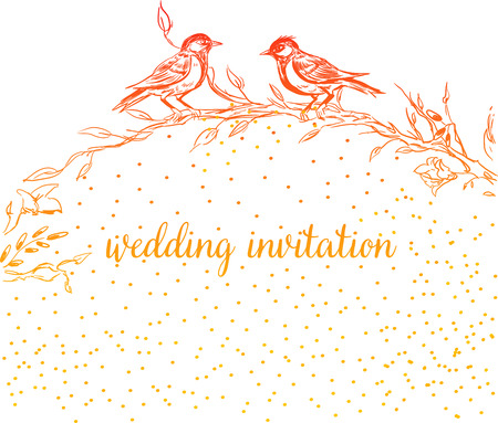 Elegant and cute illustration. Birds sit on each branch. Printing for textile and industrial purposes. And a beautiful romantic frame of flowers and twigs. Vector illustration. Thank You with Place for Your Text. Wildflowers, Vector Illustrationのイラスト素材