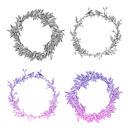 Template of realistic branches with leaves. Silhouette, art line. Nature botanical illustration in frame. Sketch. Vector isolated on white background eps.10のイラスト素材