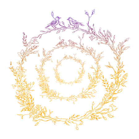 Template of realistic branches with leaves. Silhouette, art line. Nature botanical illustration in frame. Sketch. Vector isolated on white background eps.10のイラスト素材
