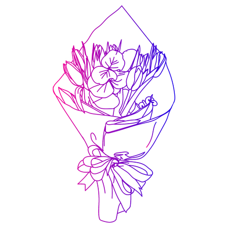 Elegant and cute illustration, ornament. Printing for textile and industrial purposes. A bouquet of flowers in a paper package, isolated on a white background.の写真素材
