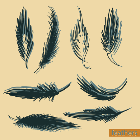 Set of isolated falling white fluffy twirled feathers on transparent background in realistic style vector illustrationのイラスト素材