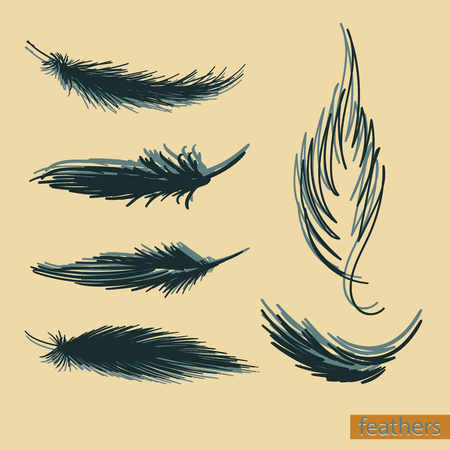 Set of isolated falling white fluffy twirled feathers on transparent background in realistic style vector illustrationのイラスト素材