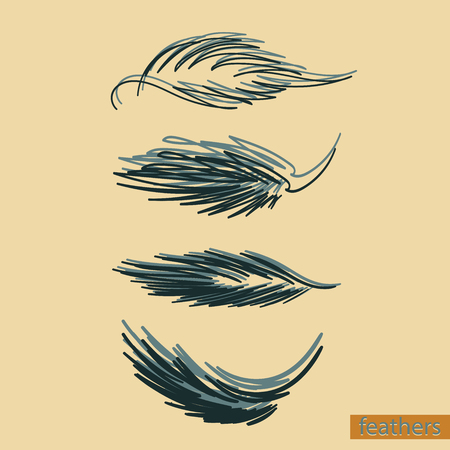 Set of isolated falling white fluffy twirled feathers on transparent background in realistic style vector illustrationのイラスト素材