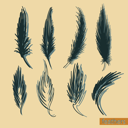 Set of isolated falling white fluffy twirled feathers on transparent background in realistic style vector illustrationの写真素材