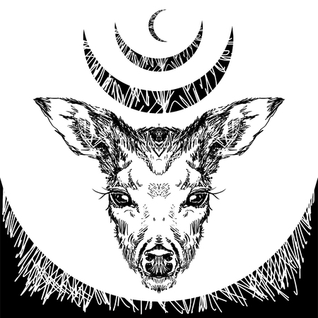 Vector. Deer head with large ears and eyes. Geometric linear animal. Linear graphics. Modern design for advertising, branding greeting card, cover, poster, banner. stag deer head sketch vector graphics monochrome drawingのイラスト素材