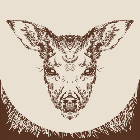 Vector. Deer head with large ears and eyes. Geometric linear animal. Linear graphics. Modern design for advertising, branding greeting card, cover, poster, banner. stag deer head sketch vector graphics monochrome drawingのイラスト素材