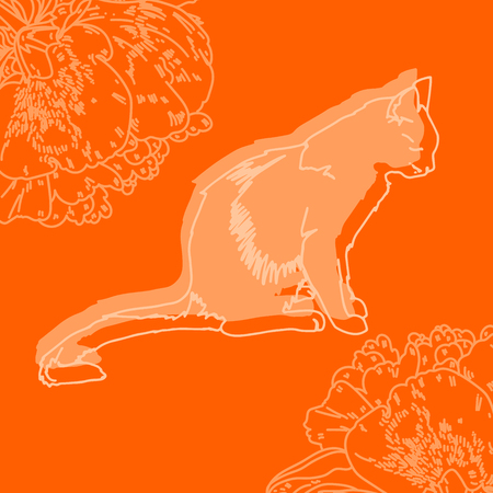 Vector illustration. Isolated silhouette cat sitting. Elegant and cute illustration. Vintage seamless pattern with cats.のイラスト素材