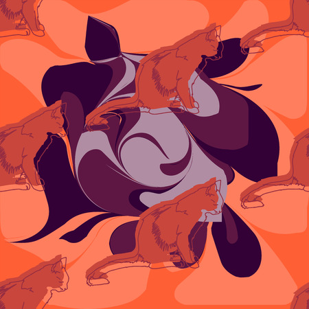 Vector illustration. Isolated silhouette cat sitting. Elegant and cute illustration. Vintage seamless pattern with cats.のイラスト素材