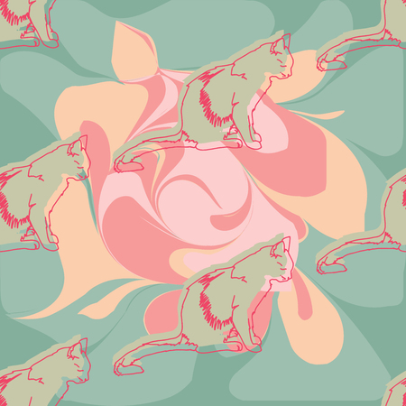 Vector illustration. Isolated silhouette cat sitting. Elegant and cute illustration. Vintage seamless pattern with cats.のイラスト素材