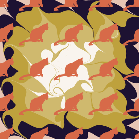 Vector illustration. Isolated silhouette cat sitting. Elegant and cute illustration. Vintage seamless pattern with cats.のイラスト素材