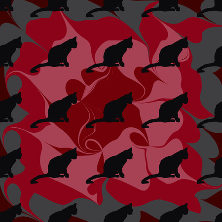 Vector illustration. Isolated silhouette cat sitting. Elegant and cute illustration. Vintage seamless pattern with cats.のイラスト素材