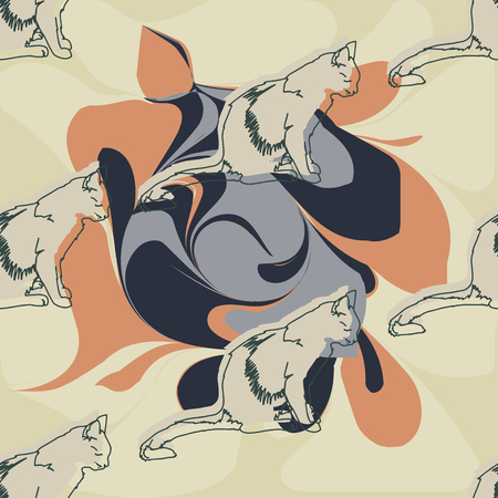 Vector illustration. Isolated silhouette cat sitting. Elegant and cute illustration. Vintage seamless pattern with cats.のイラスト素材