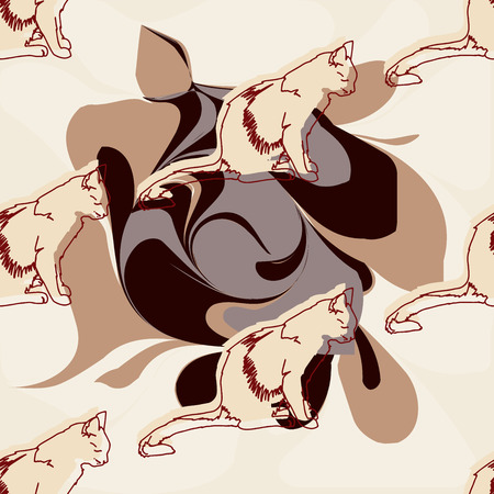 Vector illustration. Isolated silhouette cat sitting. Elegant and cute illustration. Vintage seamless pattern with cats.のイラスト素材