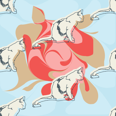 Vector illustration. Isolated silhouette cat sitting. Elegant and cute illustration. Vintage seamless pattern with cats.の写真素材