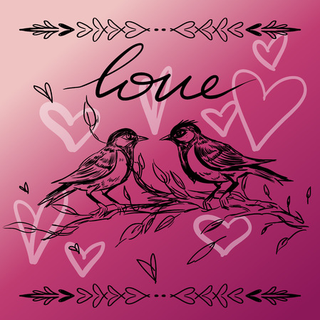 Happy Valentines Day typography poster with handwritten calligraphy text isolated on background. Vector illustration - Vector. Added leaf and leaf design elements and a pair of birds in love.のイラスト素材