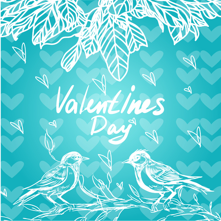 Happy Valentines Day typography poster with handwritten calligraphy text isolated on blue background. Vector illustration - Vector. Added leaf and leaf design elements and a pair of birds in love.のイラスト素材