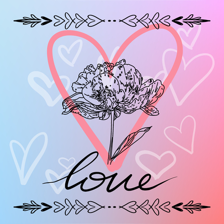 illustration. Hand drawn elegant modern brush lettering of Happy Valentines Day on hearts backgroundの写真素材