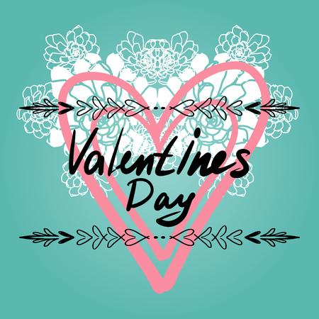 illustration. Hand drawn elegant modern brush lettering of Happy Valentines Day on hearts backgroundの写真素材