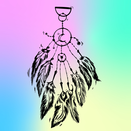 Hand drawn dreamcatcher with feathers. Ethnic art with native American Indian boho design, mystery symbol, tribal gypsy poster or card. Vector illustration of dream catcher. - Vectorのイラスト素材