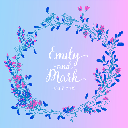 Elegant and cute illustration. Birds sit on each branch. Printing for textile and industrial purposes. And a beautiful romantic frame of flowers and twigs. Vector illustration.のイラスト素材