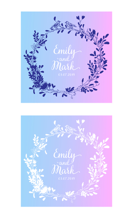 Elegant and cute illustration. Birds sit on each branch. Printing for textile and industrial purposes. And a beautiful romantic frame of flowers and twigs. Vector illustration.のイラスト素材