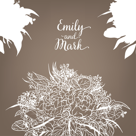 Wedding bouquet is drawn in one line. The bouquet of peonies, eucalyptus, leaves of different greens and flowers. Vector illustration for a wedding pig. Place for your text, template.のイラスト素材