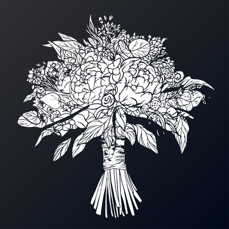 Wedding bouquet is drawn in one line. The bouquet of peonies, eucalyptus, leaves of different greens and flowers. Vector illustration for a wedding pig. Place for your text, template.のイラスト素材