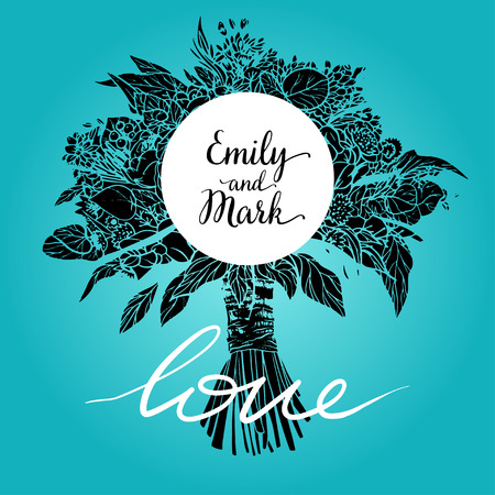 Wedding bouquet is drawn in one line. The bouquet of peonies, eucalyptus, leaves of different greens and flowers. Vector illustration for a wedding pig. Place for your text, template.のイラスト素材