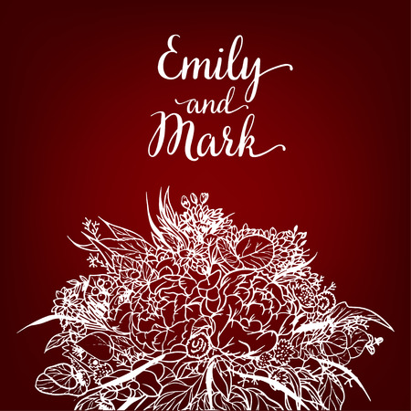 Wedding bouquet is drawn in one line. The bouquet of peonies, eucalyptus, leaves of different greens and flowers. Vector illustration for a wedding pig. Place for your text, template.のイラスト素材