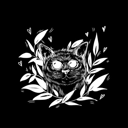 Stylized cat in a wreath of leaves. Template for cards and any printing products, printing on clothing. Vector illustration.のイラスト素材