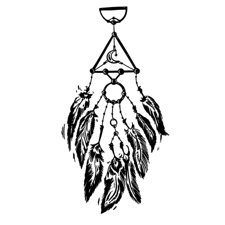 Stylized dream catcher with feathers. Template for cards and any printing products, printing on clothing. Vector illustration.のイラスト素材