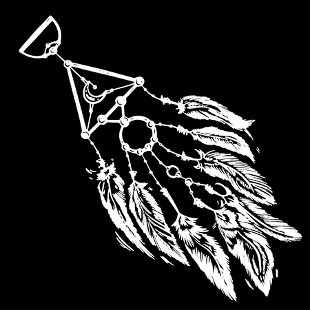 Stylized dream catcher with feathers. Template for cards and any printing products, printing on clothing. Vector illustration.のイラスト素材