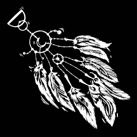 Stylized dream catcher with feathers. Template for cards and any printing products, printing on clothing. Vector illustration.のイラスト素材