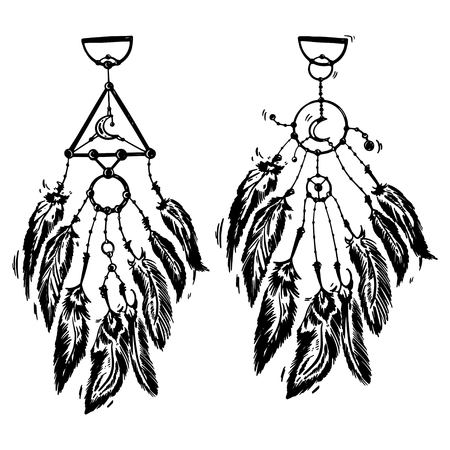 Stylized dream catcher with feathers. Template for cards and any printing products, printing on clothing. Vector illustration.のイラスト素材