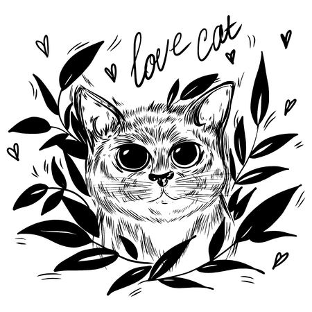 Stylized cat in a wreath of leaves. Template for cards and any printing products, printing on clothing. Vector illustration.のイラスト素材