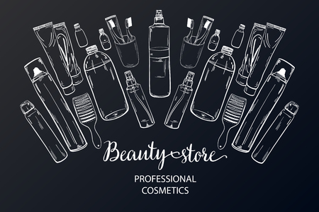 Template on the board with makeup elements - shampoo, cream, lipstick, comb, aerosol, lotion, oil. Sketchy background of cosmetics for a beauty salon. - vectorのイラスト素材