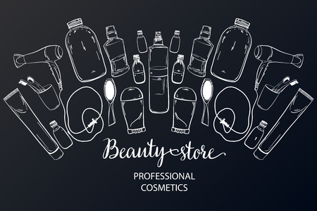 Template on the board with makeup elements - shampoo, cream, lipstick, comb, aerosol, lotion, oil. Sketchy background of cosmetics for a beauty salon. - vectorのイラスト素材