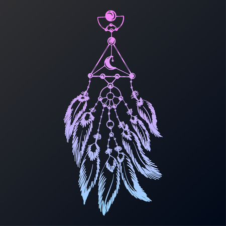 Hand drawn dreamcatcher with feathers. Ethnic art with native American Indian boho design, mystery symbol, tribal gypsy poster or card. Vector illustration of dream catcher. - Vectorのイラスト素材