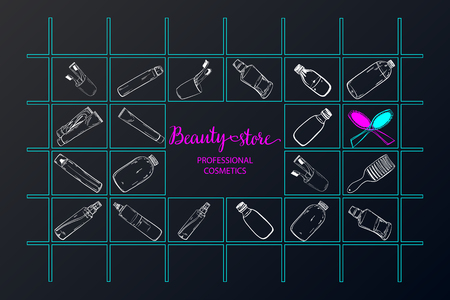 Template on the board with makeup elements - shampoo, cream, lipstick, comb, aerosol, lotion, oil. Sketchy background of cosmetics for a beauty salon. - vectorのイラスト素材