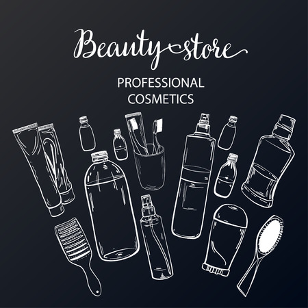 Template on the board with makeup elements - shampoo, cream, lipstick, comb, aerosol, lotion, oil. Sketchy background of cosmetics for a beauty salon. - vectorのイラスト素材