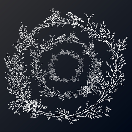 Elegant and cute illustration. Birds sit on each branch. Printing for textile and industrial purposes. And a beautiful romantic frame of flowers and twigs. Vector illustration.のイラスト素材