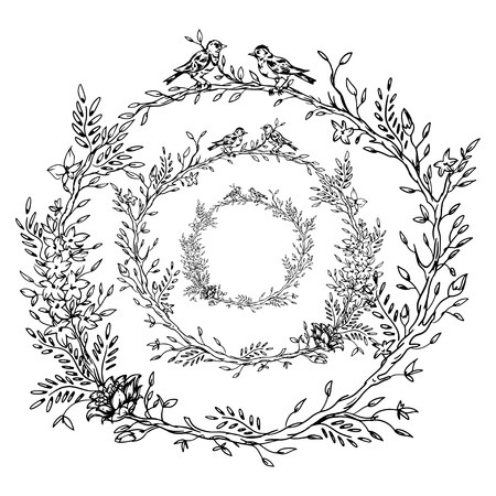 Elegant and cute illustration. Birds sit on each branch. Printing for textile and industrial purposes. And a beautiful romantic frame of flowers and twigs. Vector illustration.のイラスト素材