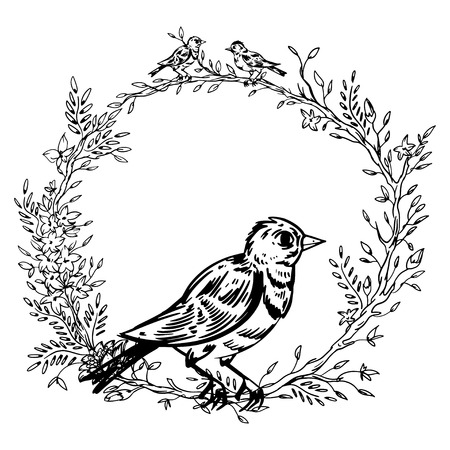 Elegant and cute illustration. Birds sit on each branch. Printing for textile and industrial purposes. And a beautiful romantic frame of flowers and twigs. Vector illustration.のイラスト素材