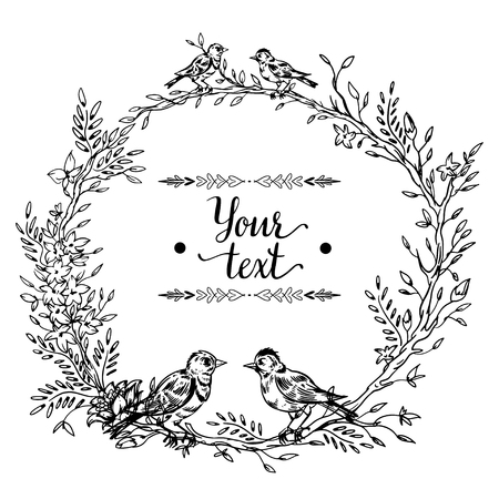 Elegant and cute illustration. Birds sit on each branch. Printing for textile and industrial purposes. And a beautiful romantic frame of flowers and twigs. Vector illustration.のイラスト素材